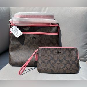 Coach Signature File Crossbody Bag w/ Coach Signature Double Zip Wallet NWT